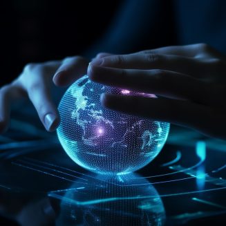 Glowing blue sphere held by human hand generated by artificial intelligence